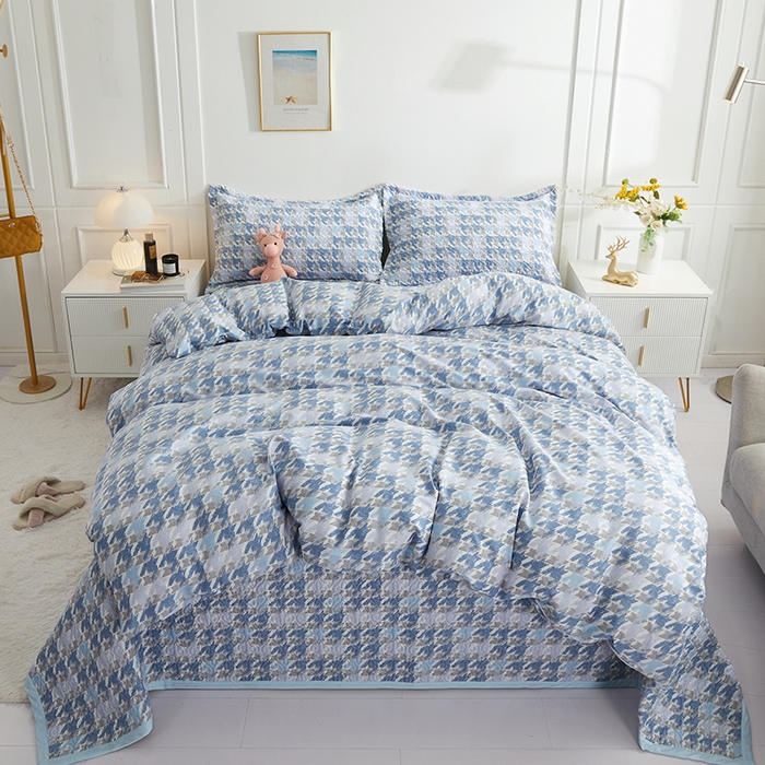 91家纺网 家纺一手货源 找家纺 40支全棉夹棉绗缝13372简约款印花多功能床盖夏被凉席 千鸟格-蓝