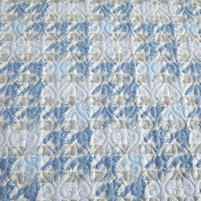 91家纺网 家纺一手货源 找家纺 40支全棉夹棉绗缝13372简约款印花多功能床盖夏被凉席 千鸟格-蓝