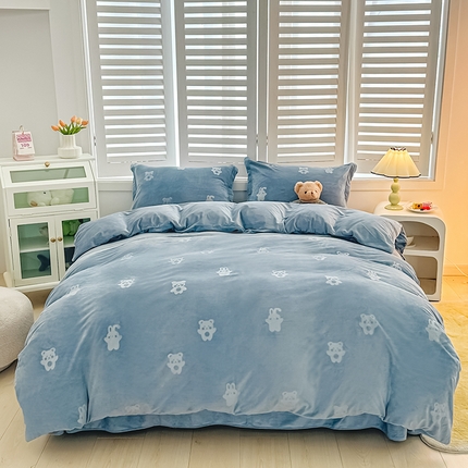 新款全消光210克婴儿绒宝宝绒压花四件套定制任意尺寸 宝宝绒-蓝小熊