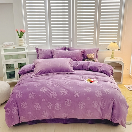 新款全消光210克婴儿绒宝宝绒压花四件套定制任意尺寸 宝宝绒-紫山茶花