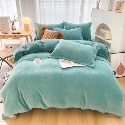 新品牛奶绒烂花230克四件套可定做 银杏叶-绿