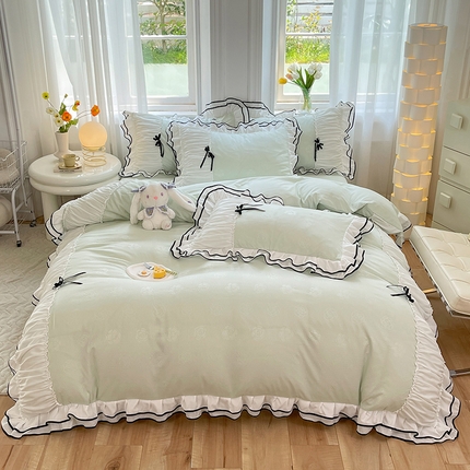 91家纺网 家纺一手货源 找家纺 逸尚阁 2023新款高支密水洗磨毛花边四件套-塔塔 塔塔-抹茶绿