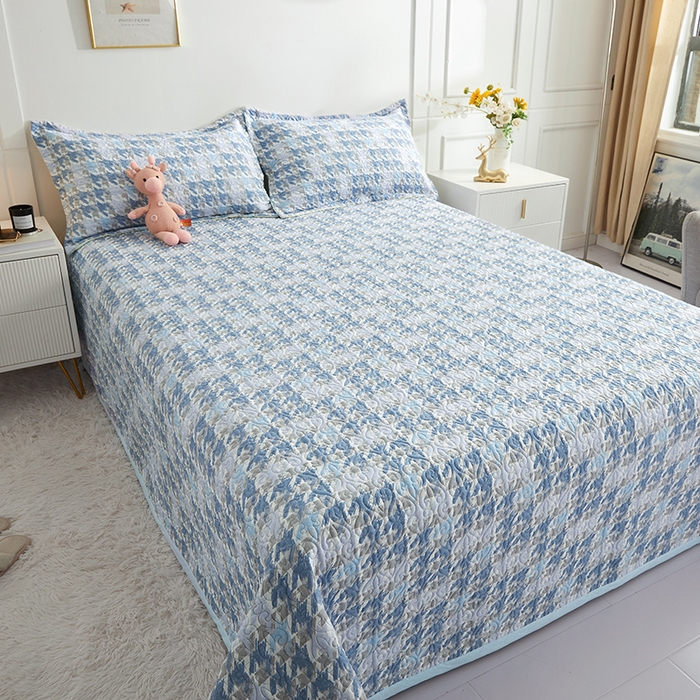 91家纺网 家纺一手货源 找家纺 40支全棉夹棉绗缝13372简约款印花多功能床盖夏被凉席 千鸟格-蓝