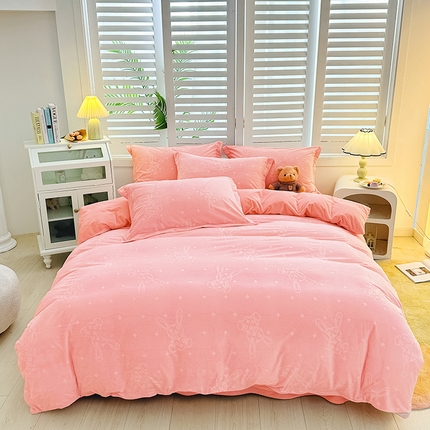 新款全消光210克婴儿绒宝宝绒压花四件套定制任意尺寸 宝宝绒-粉小兔