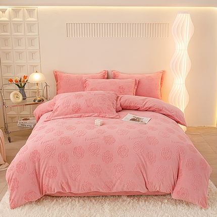 新品牛奶绒烂花230克四件套可定做 粉玫瑰