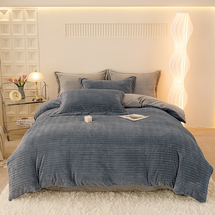 新品牛奶绒烂花230克四件套可定做 条纹-深灰