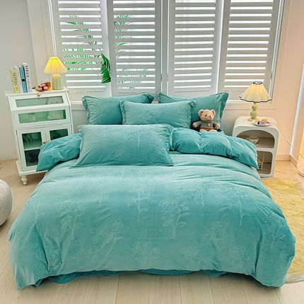 91家纺网 家纺一手货源 找家纺 新款全消光210克婴儿绒宝宝绒压花四件套定制任意尺寸 宝宝绒-绿玫瑰