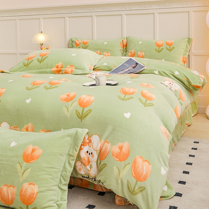 91家纺网 家纺一手货源 找家纺 新款230克高克重印花牛奶绒四件套定做定制尺寸 花海