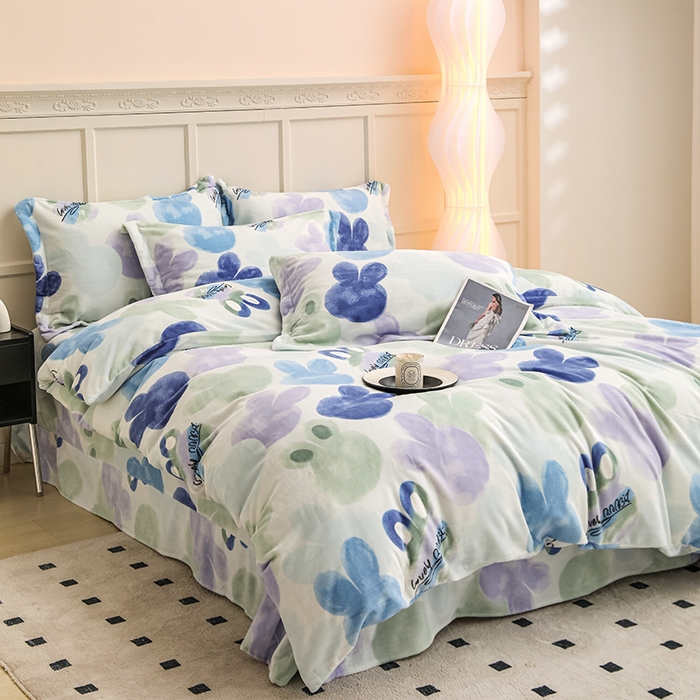 91家纺网 家纺一手货源 找家纺 新款230克高克重印花牛奶绒四件套定做定制尺寸 缤纷世界