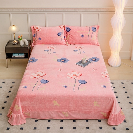 91家纺网 家纺一手货源 找家纺 新款230克印花牛奶绒床单定制定做尺寸  花开那年