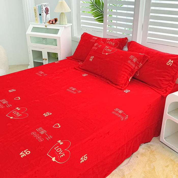 91家纺网 家纺一手货源 找家纺 新款230克印花牛奶绒床单定制定做尺寸  甜蜜一生