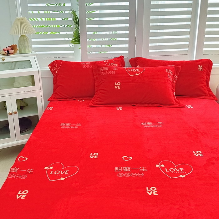 91家纺网 家纺一手货源 找家纺 新款230克印花牛奶绒床单定制定做尺寸  甜蜜一生