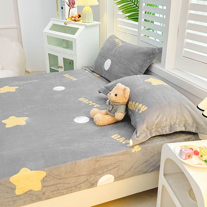 91家纺网 家纺一手货源 找家纺 新款230克高克重印花牛奶绒床笠定做定制尺寸 星星