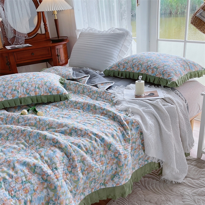 91家纺网 家纺一手货源 找家纺 菊上家纺 2023秋冬新品法式花边全棉单床盖 卡町绿