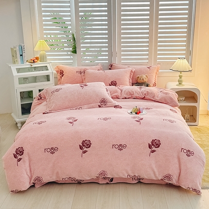 新款230克高克重印花牛奶绒四件套定做定制尺寸 玫瑰