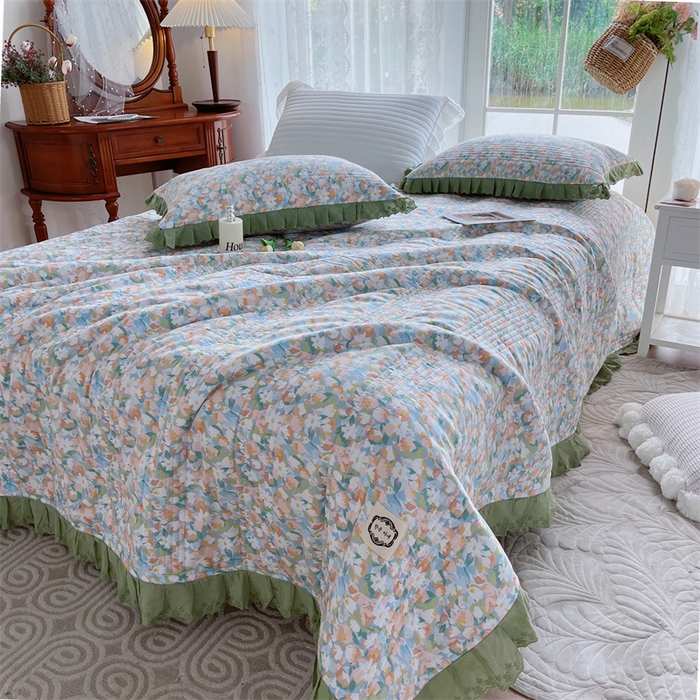 91家纺网 家纺一手货源 找家纺 菊上家纺 2023秋冬新品法式花边全棉单床盖 卡町绿