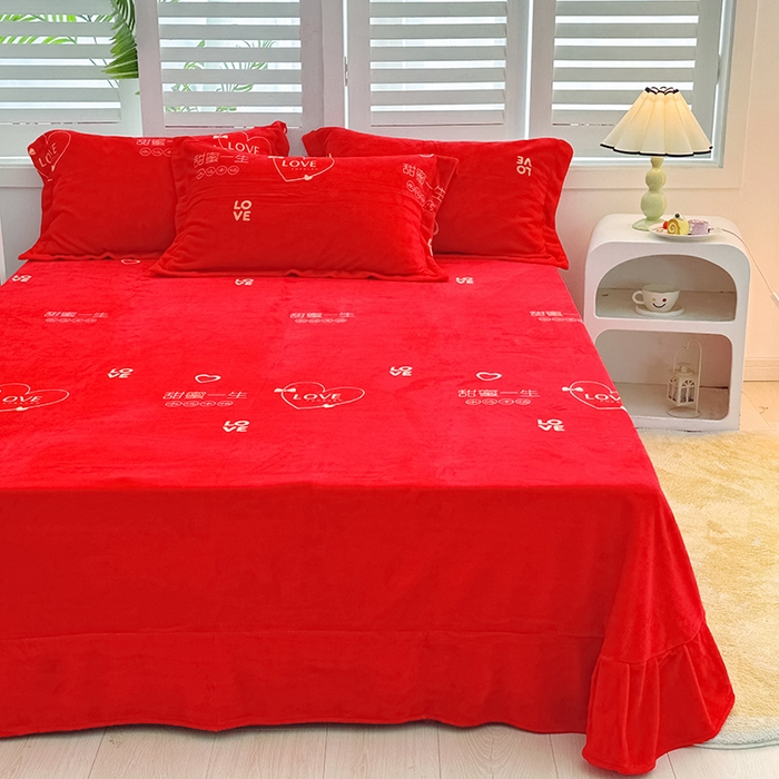 91家纺网 家纺一手货源 找家纺 新款230克印花牛奶绒床单定制定做尺寸  甜蜜一生