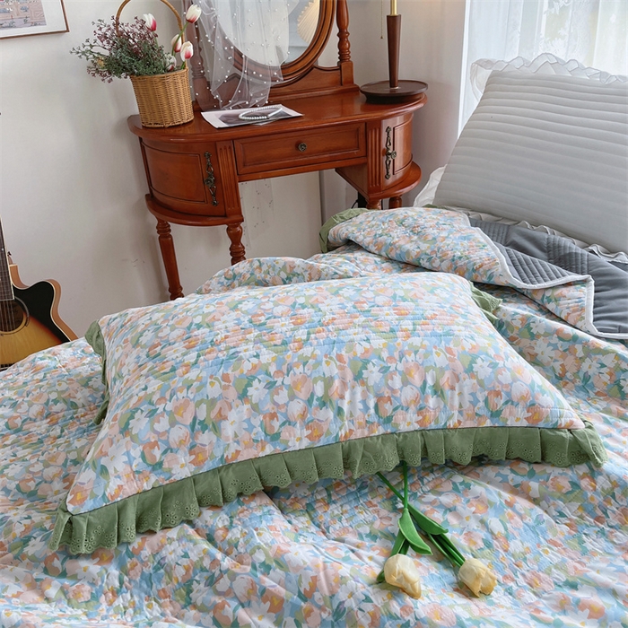 91家纺网 家纺一手货源 找家纺 菊上家纺 2023秋冬新品法式花边全棉单床盖 卡町绿