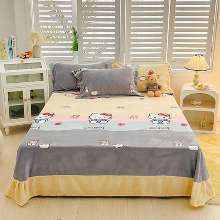 新款230克印花牛奶绒床单定制定做尺寸  幸福猫