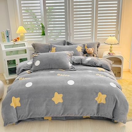 新款230克高克重印花牛奶绒四件套定做定制尺寸 星星