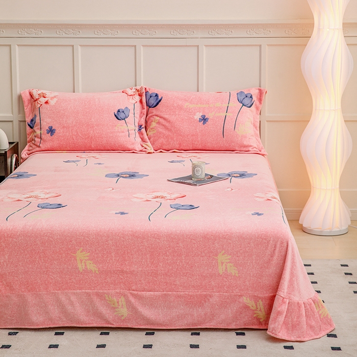 91家纺网 家纺一手货源 找家纺 新款230克印花牛奶绒床单定制定做尺寸  花开那年