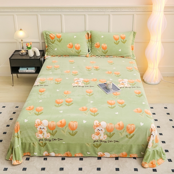 91家纺网 家纺一手货源 找家纺 新款230克印花牛奶绒床单定制定做尺寸  花海