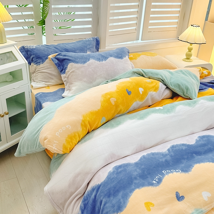 91家纺网 家纺一手货源 找家纺 新款230克高克重印花牛奶绒四件套定做定制尺寸 畅想