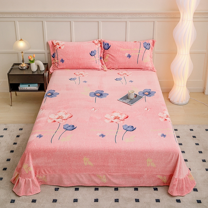 91家纺网 家纺一手货源 找家纺 新款230克印花牛奶绒床单定制定做尺寸  花开那年