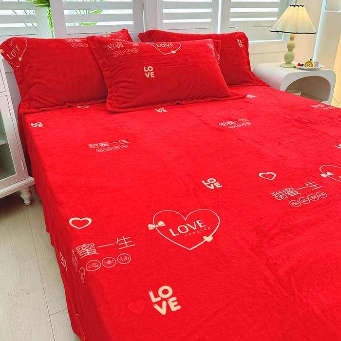 91家纺网 家纺一手货源 找家纺 新款230克印花牛奶绒床单定制定做尺寸  甜蜜一生