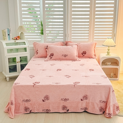 91家纺网 家纺一手货源 找家纺 新款230克印花牛奶绒床单定制定做尺寸  玫瑰