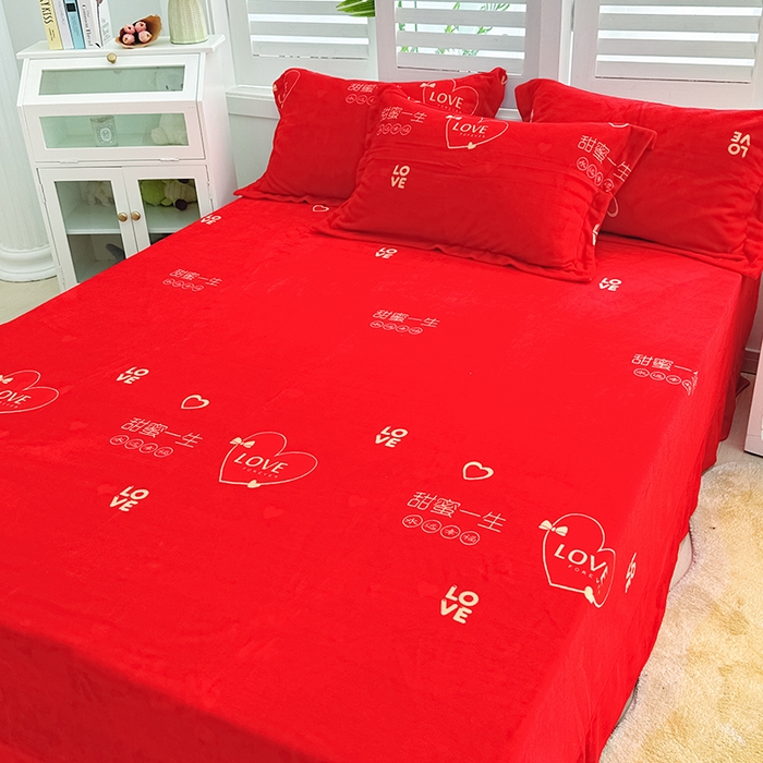 91家纺网 家纺一手货源 找家纺 新款230克印花牛奶绒床单定制定做尺寸  甜蜜一生