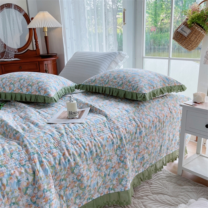 91家纺网 家纺一手货源 找家纺 菊上家纺 2023秋冬新品法式花边全棉单床盖 卡町绿