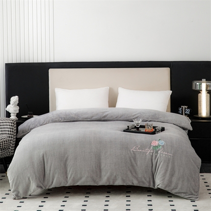新款230克肌理纹绣花牛奶绒单被套可定做定制 肌理纹绣花-灰