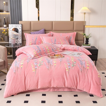 优姿家纺 2024新款加厚全消光牛奶棉印花四件套 薰衣草粉