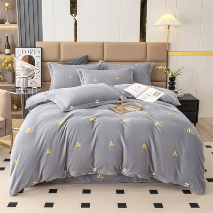 优姿家纺 2024新款加厚全消光牛奶棉印花四件套 玩趣字母灰