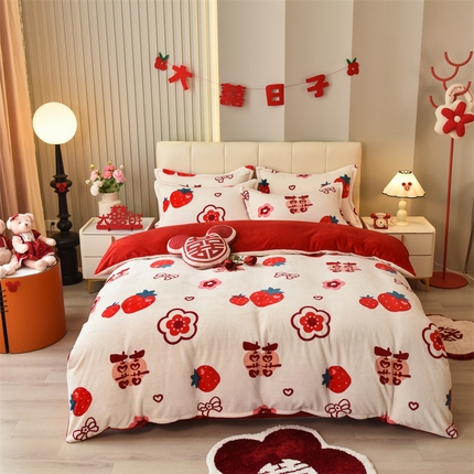 91家纺网 家纺一手货源 找家纺 兄弟坊 2024新款时尚婚庆家用牛奶绒四件套 浪漫满屋