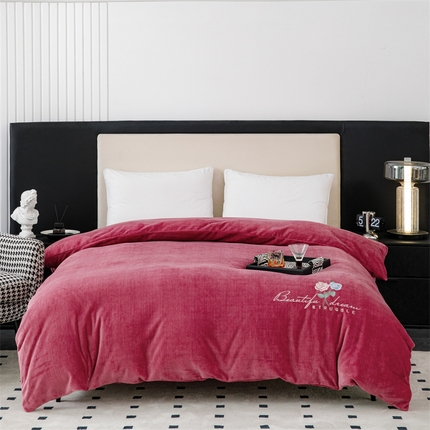 新款230克肌理纹绣花牛奶绒单被套可定做定制 肌理纹绣花-酒红