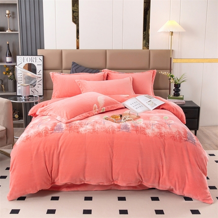 优姿家纺 2024新款加厚全消光牛奶棉印花四件套 隐约森林红