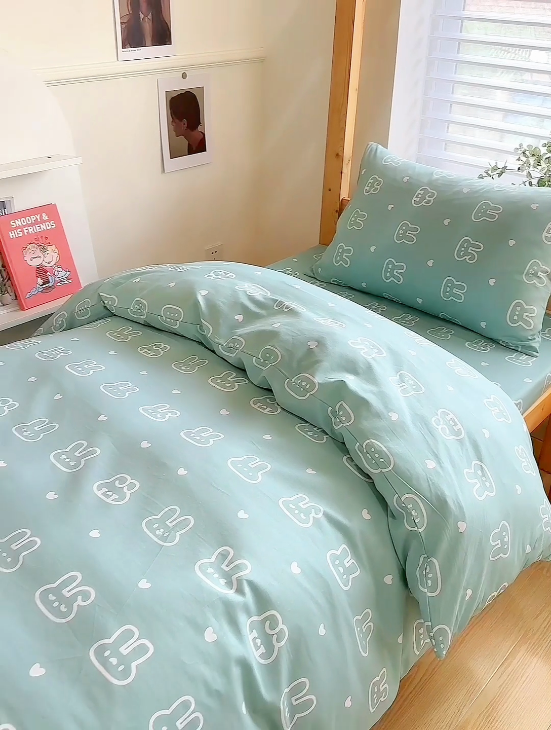 91家纺网 家纺一手货源 找家纺 杜先生 2023新款13372学生宿舍三件套纯棉三件套床单款 波比兔-绿