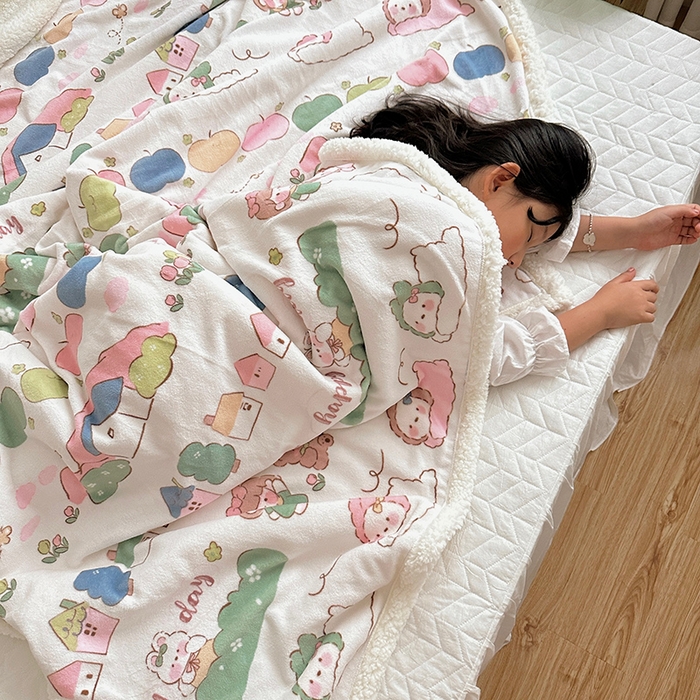 91家纺网 家纺一手货源 找家纺 萝莉家纺 2023新款ins加厚牛奶绒羊羔绒毯午睡毯沙发盖毯 快乐的一天