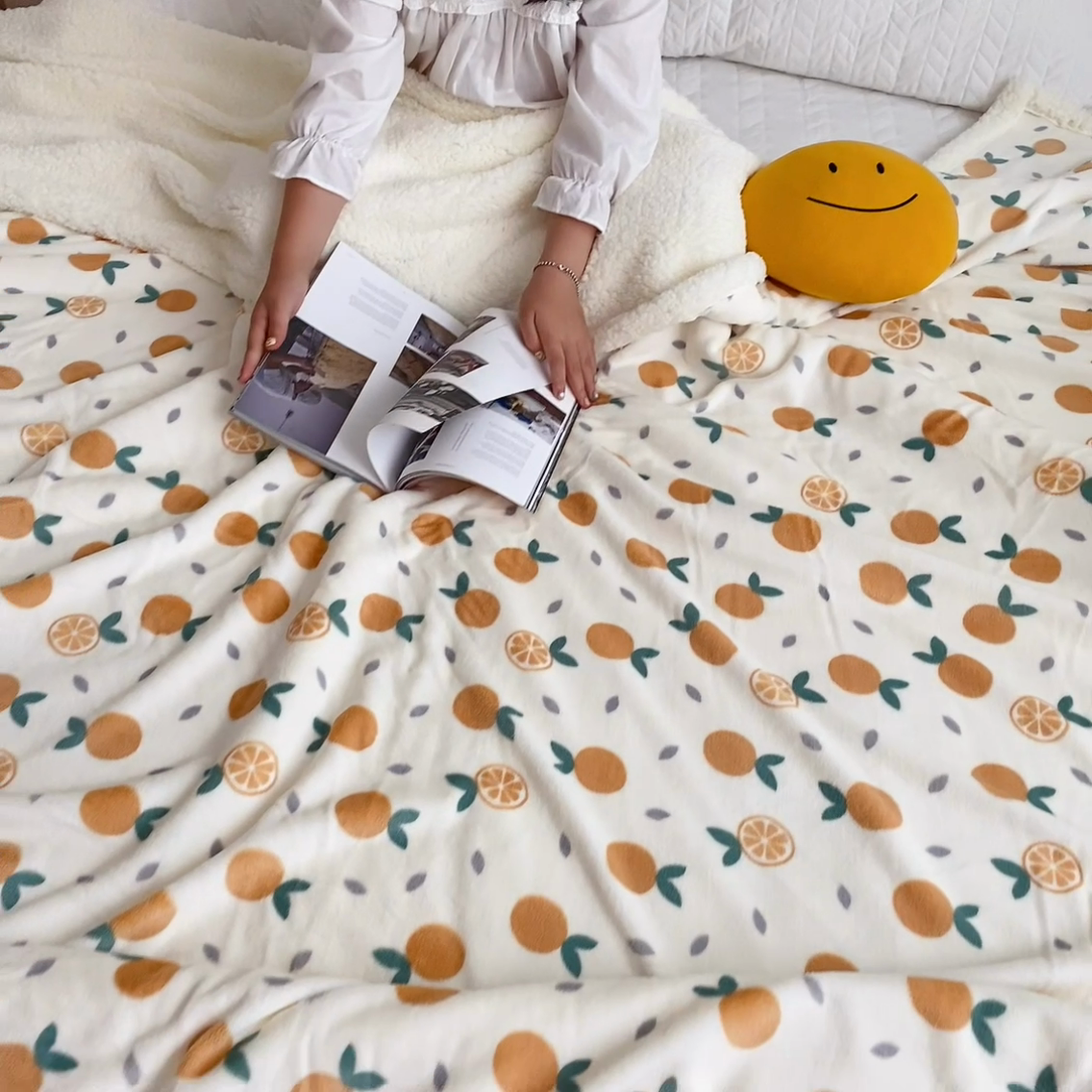 91家纺网 家纺一手货源 找家纺 萝莉家纺 2023新款ins加厚牛奶绒羊羔绒毯午睡毯沙发盖毯 可爱桔子