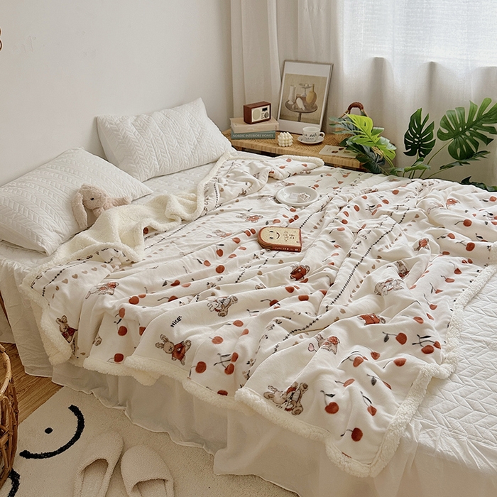 91家纺网 家纺一手货源 找家纺 萝莉家纺 2023新款ins加厚牛奶绒羊羔绒毯午睡毯沙发盖毯 樱桃爱米