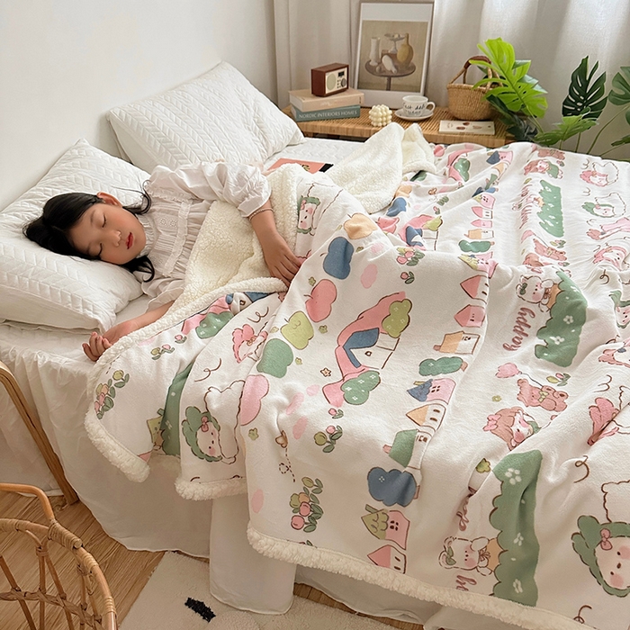 91家纺网 家纺一手货源 找家纺 萝莉家纺 2023新款ins加厚牛奶绒羊羔绒毯午睡毯沙发盖毯 快乐的一天