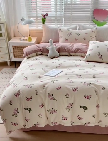 91家纺网 家纺一手货源 找家纺 王朝国际 2025新款双层纱有氧提花有氧双层纱碎花四件套 清欢