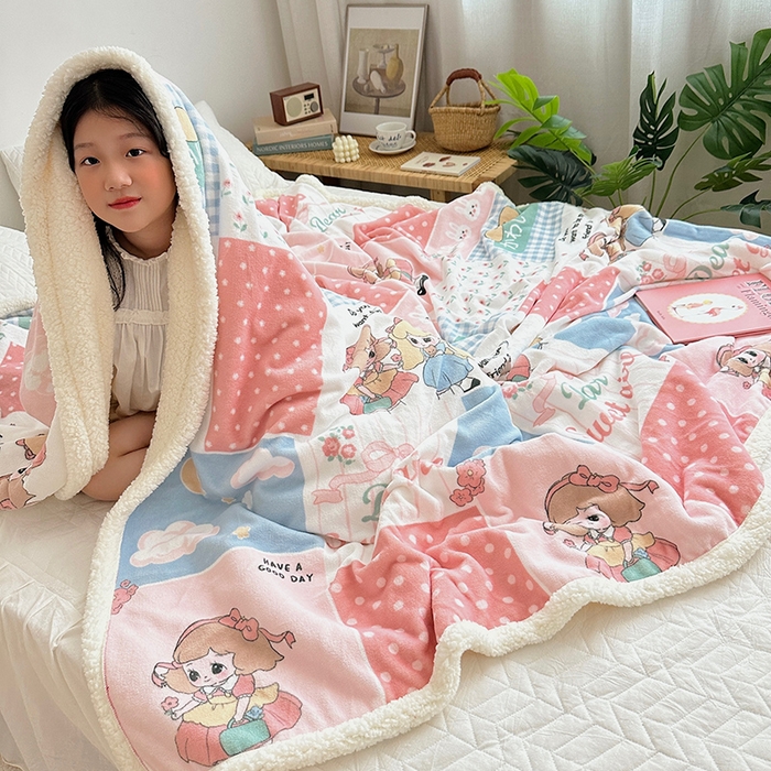 91家纺网 家纺一手货源 找家纺 萝莉家纺 2023新款ins加厚牛奶绒羊羔绒毯午睡毯沙发盖毯 漂亮女孩