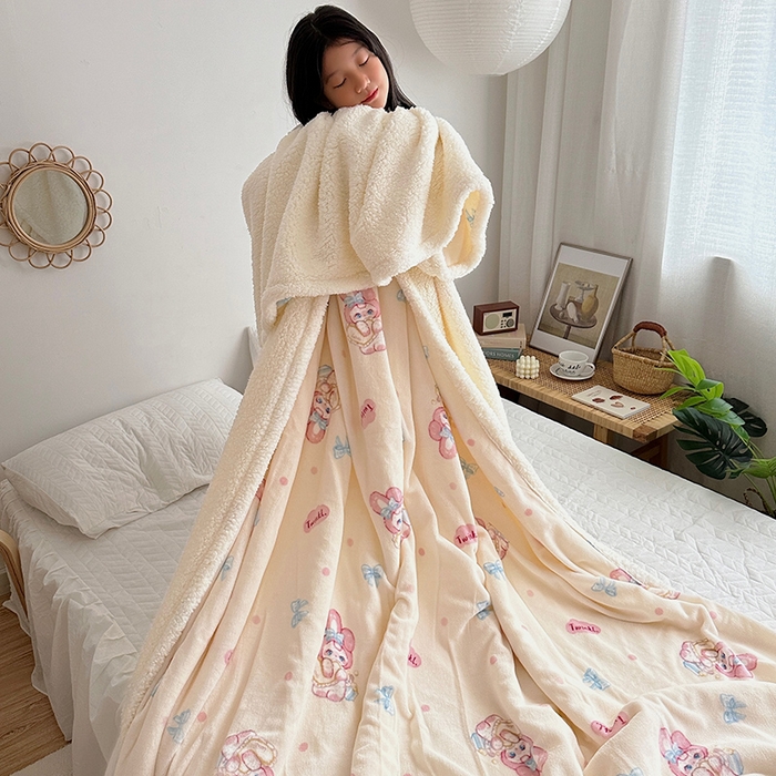 91家纺网 家纺一手货源 找家纺 萝莉家纺 2023新款ins加厚牛奶绒羊羔绒毯午睡毯沙发盖毯 许愿兔