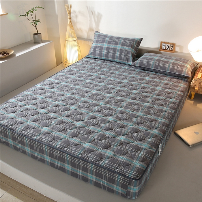 91家纺网 家纺一手货源 找家纺 胜权家纺 2024新款日式全棉色织水洗棉夹棉床笠 映竹(绿灰)