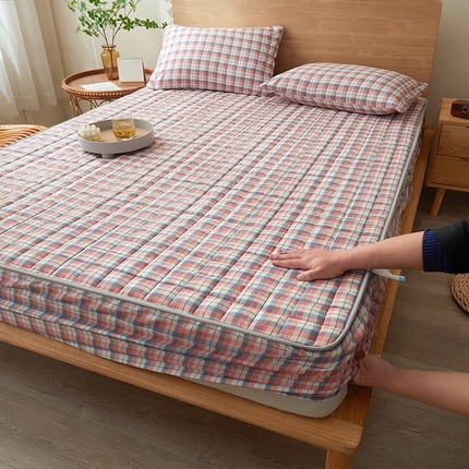 胜权家纺 2024新款亲肤夹棉格子防水床笠 贝拉 玉
