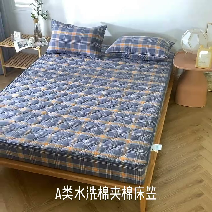 91家纺网 家纺一手货源 找家纺 胜权家纺 2024新款日式全棉色织水洗棉夹棉床笠 映竹(橙灰)