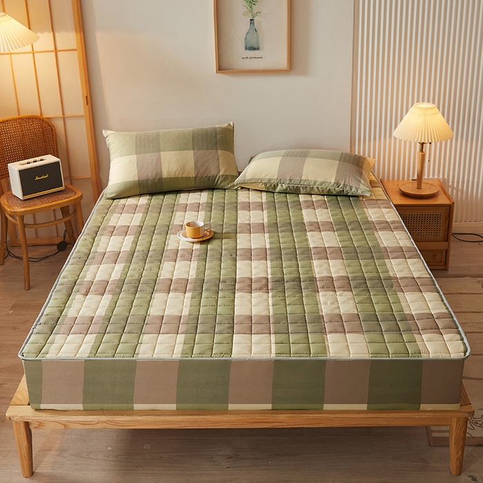 91家纺网 家纺一手货源 找家纺 胜权家纺 2024新款亲肤夹棉格子防水床笠 绿大格